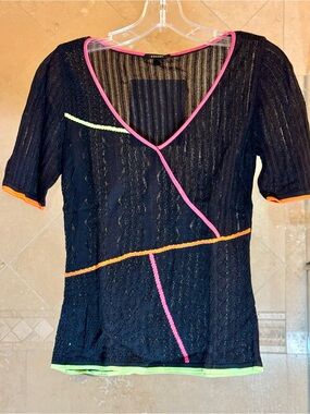 Escada Black Short Sleeve Knit Top with Neon Pink, Orange & Lime Trim